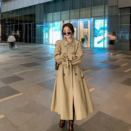 Belted Double-Breasted Long Trench Coat