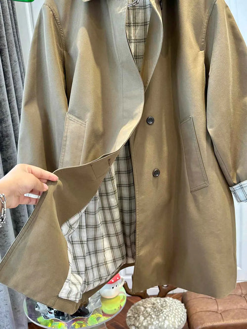 Khaki Plaid-Cuff Trench Coat
