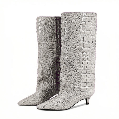 Women's Pointed Toe Kitten Heel Knee High Boots