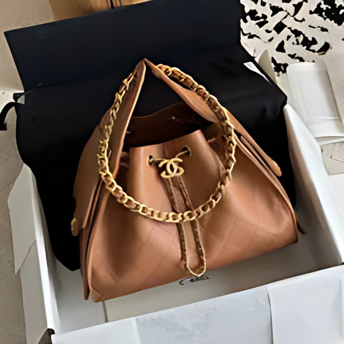 Quilted Chain Handle Bucket Bag