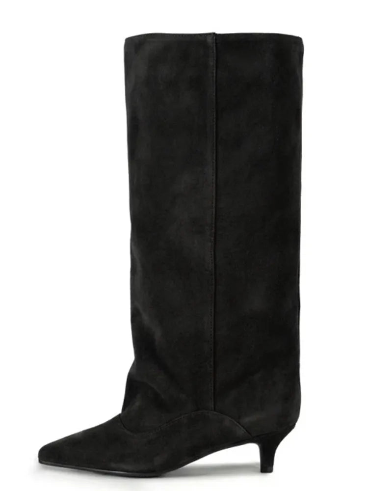 Women's Pointed Toe Kitten Heel Knee High Boots