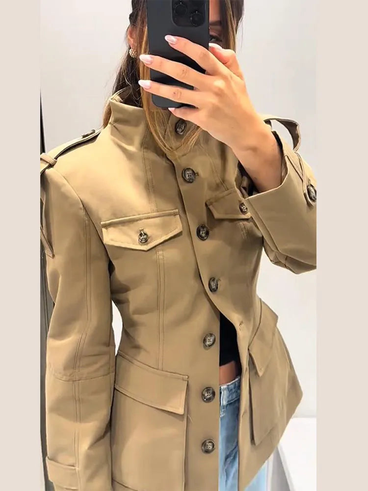 Khaki Stand Collar Utility Jacket - Isabella Mae