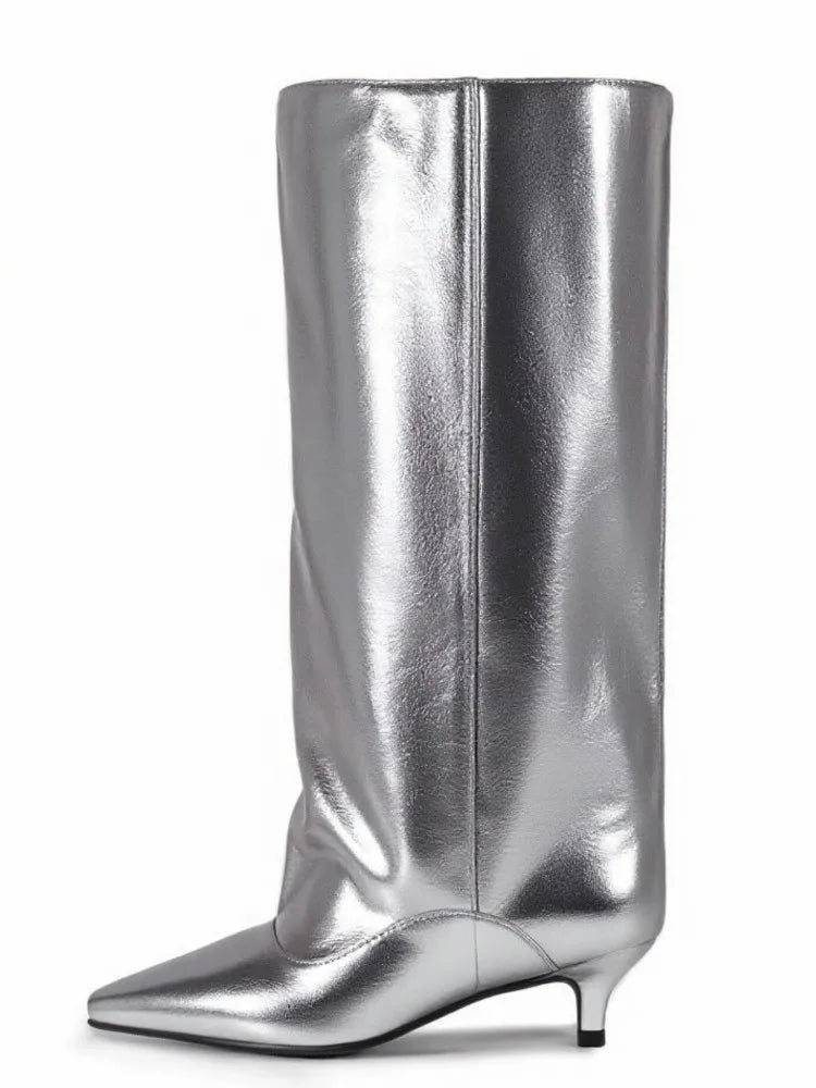 Women's Pointed Toe Kitten Heel Knee High Boots