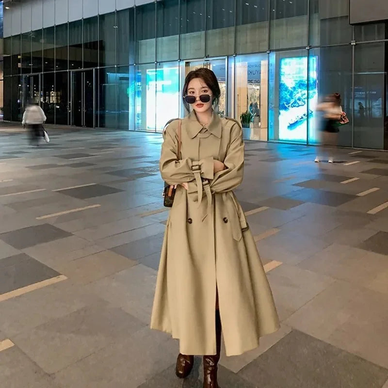 Belted Double-Breasted Long Trench Coat - Isabella Mae