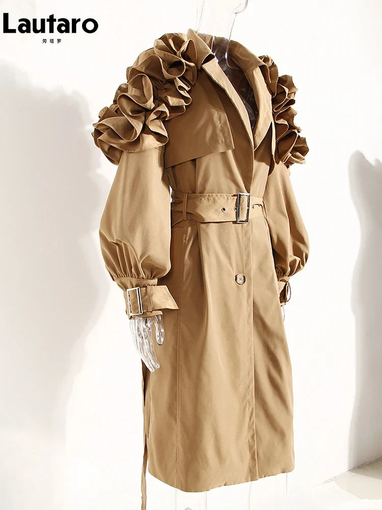 Ruffled Shoulder Belted Trench Coat - Isabella Mae