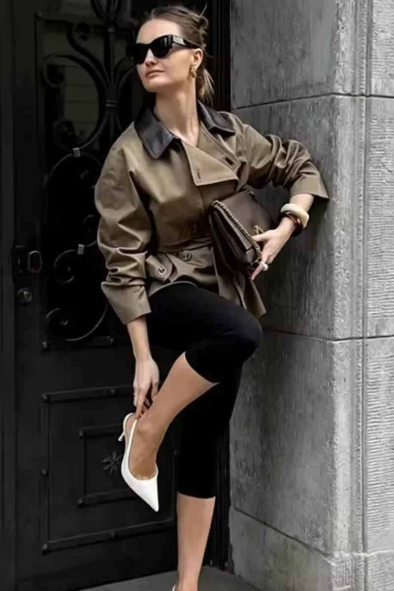 Belted Contrast Collar Trench Jacket