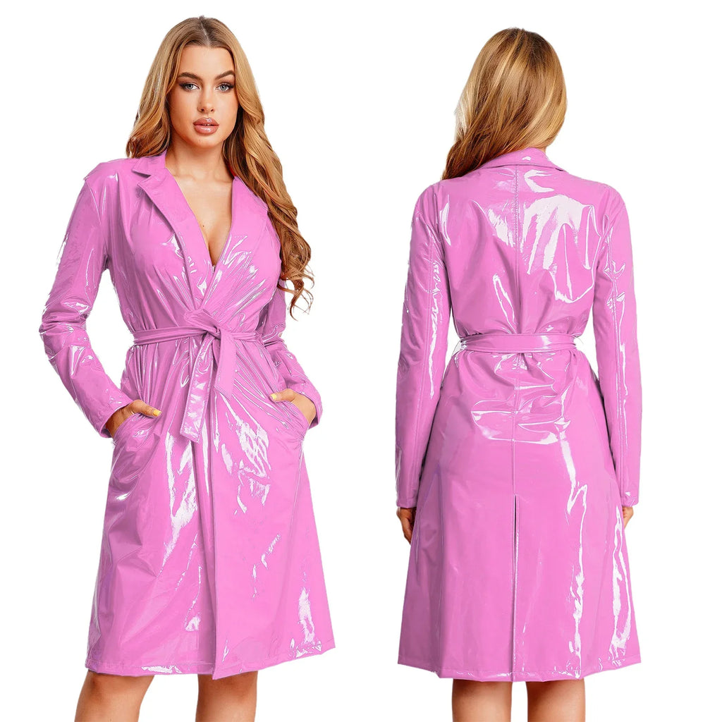 Wet-Look Belted Trench Coat - Isabella Mae