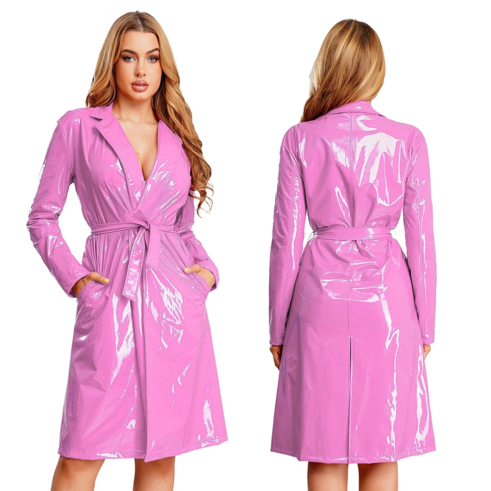 Wet-Look Belted Trench Coat - Isabella Mae