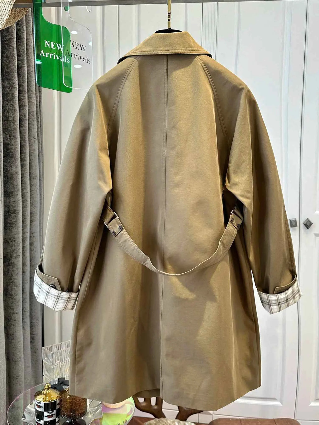 Khaki Plaid-Cuff Trench Coat