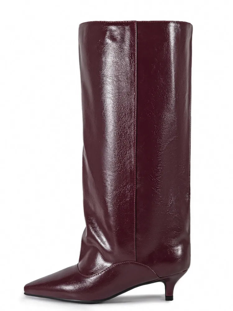 Women's Pointed Toe Kitten Heel Knee High Boots