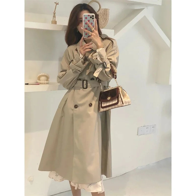 Belted Double-Breasted Long Trench Coat - Isabella Mae