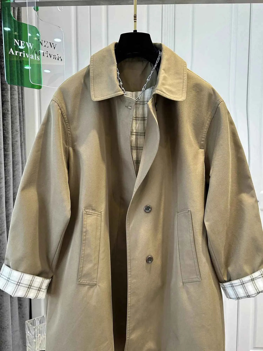 Khaki Plaid-Cuff Trench Coat