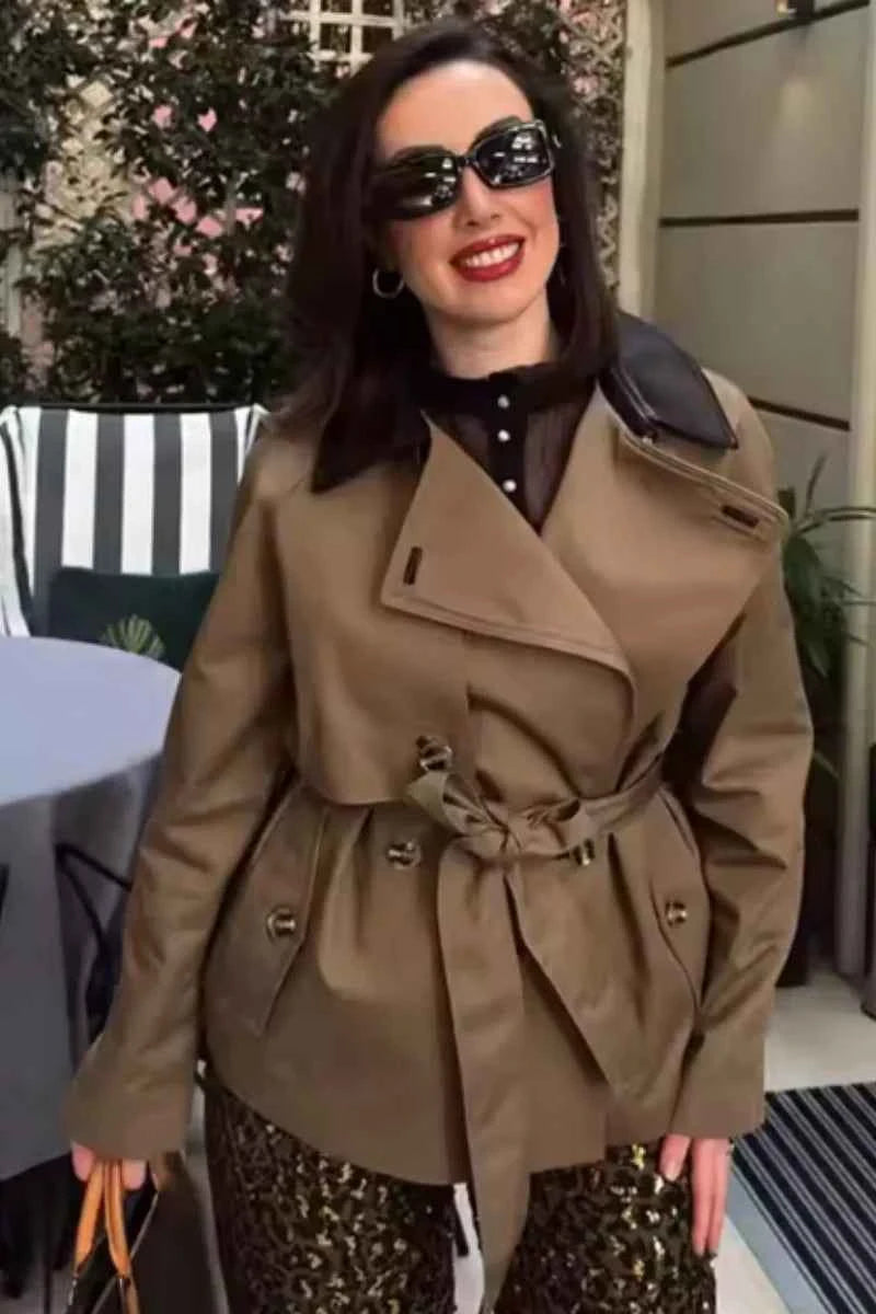 Belted Contrast Collar Trench Jacket