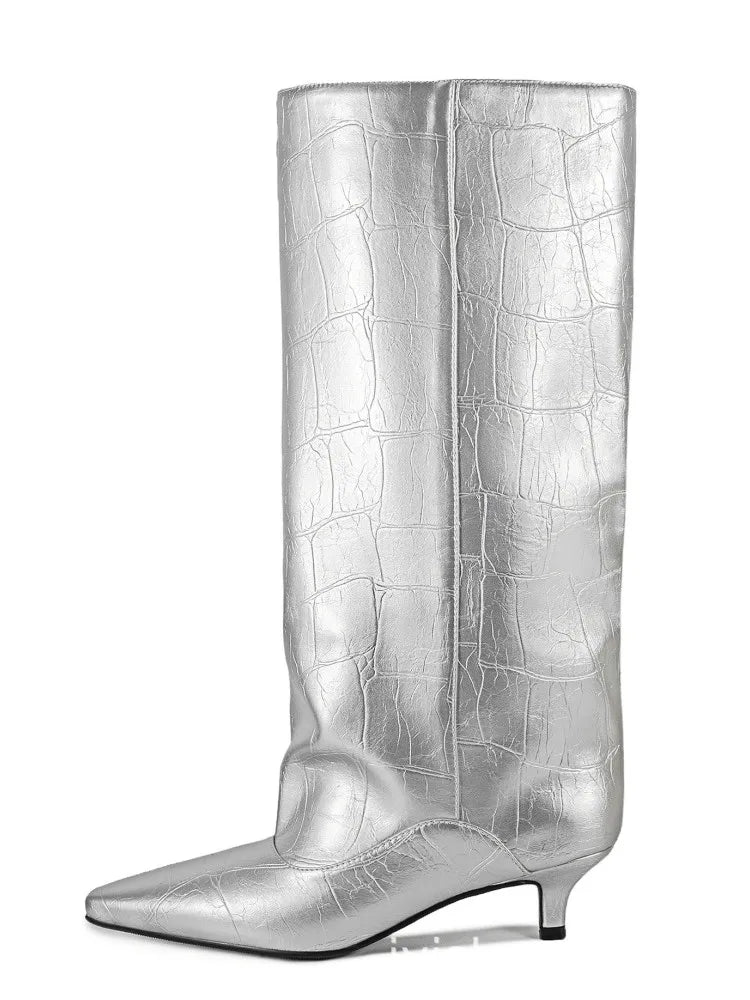Women's Pointed Toe Kitten Heel Knee High Boots