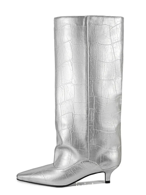 Women's Pointed Toe Kitten Heel Knee High Boots