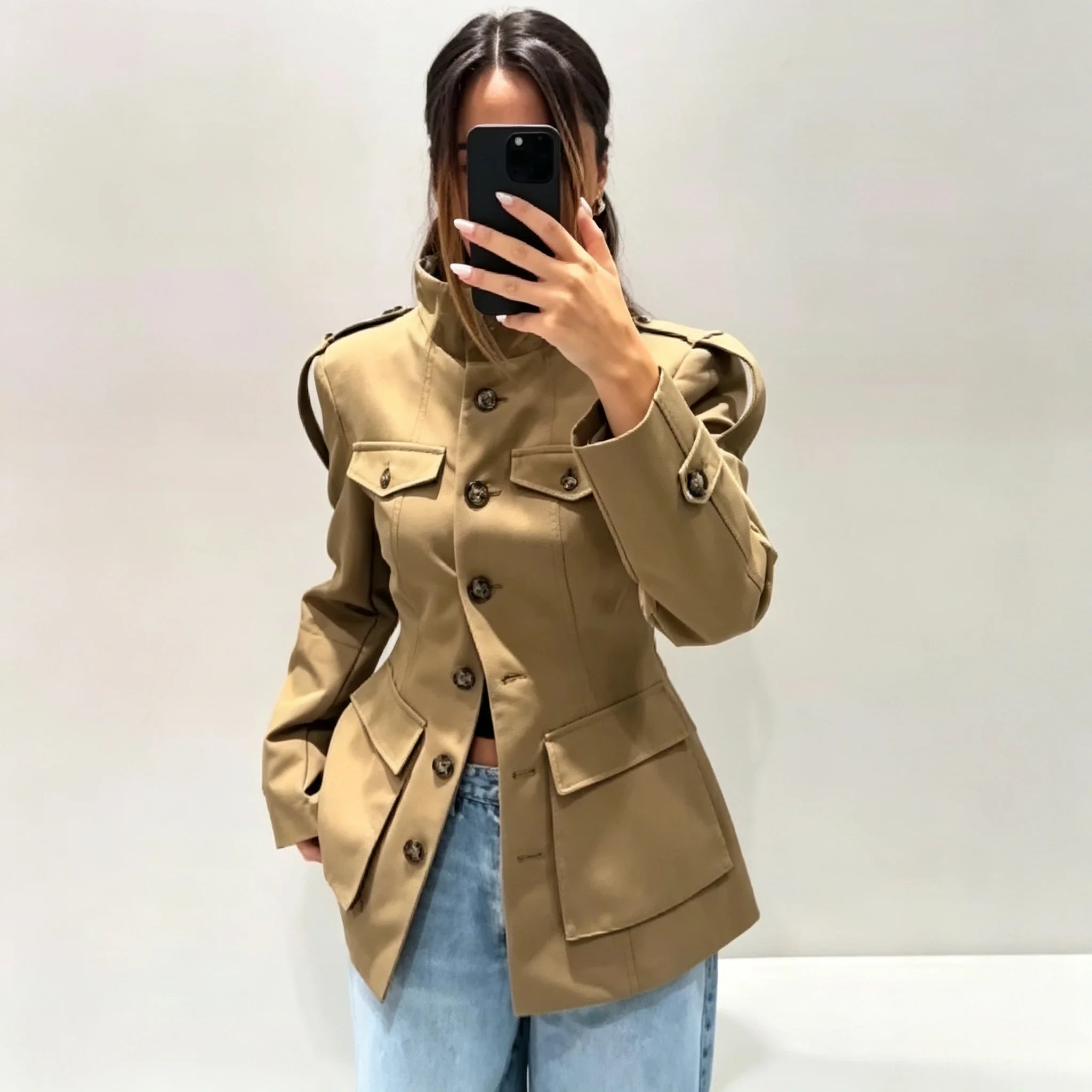 Khaki Stand Collar Utility Jacket - Isabella Mae