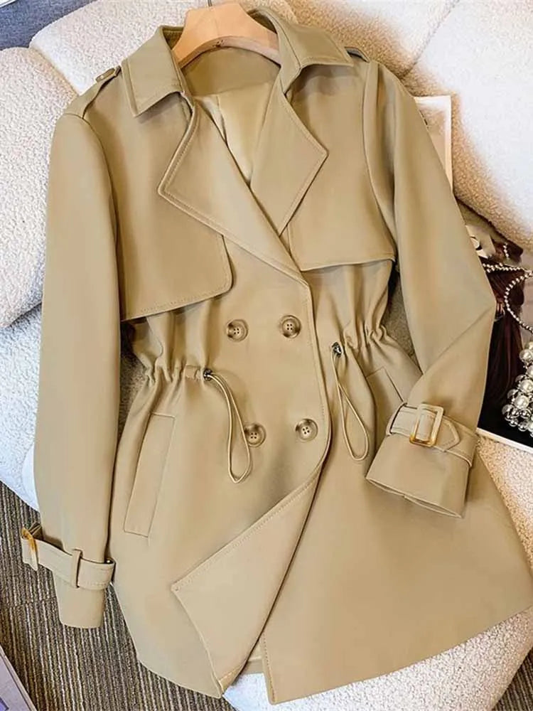 Drawstring Double-Breasted Trench Coat - Isabella Mae