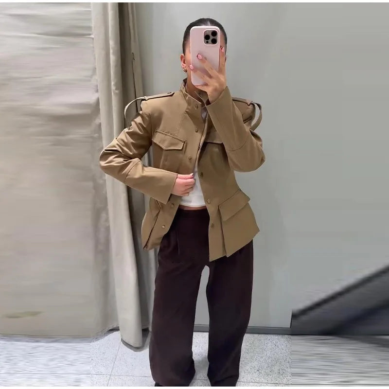 Khaki Stand Collar Utility Jacket - Isabella Mae