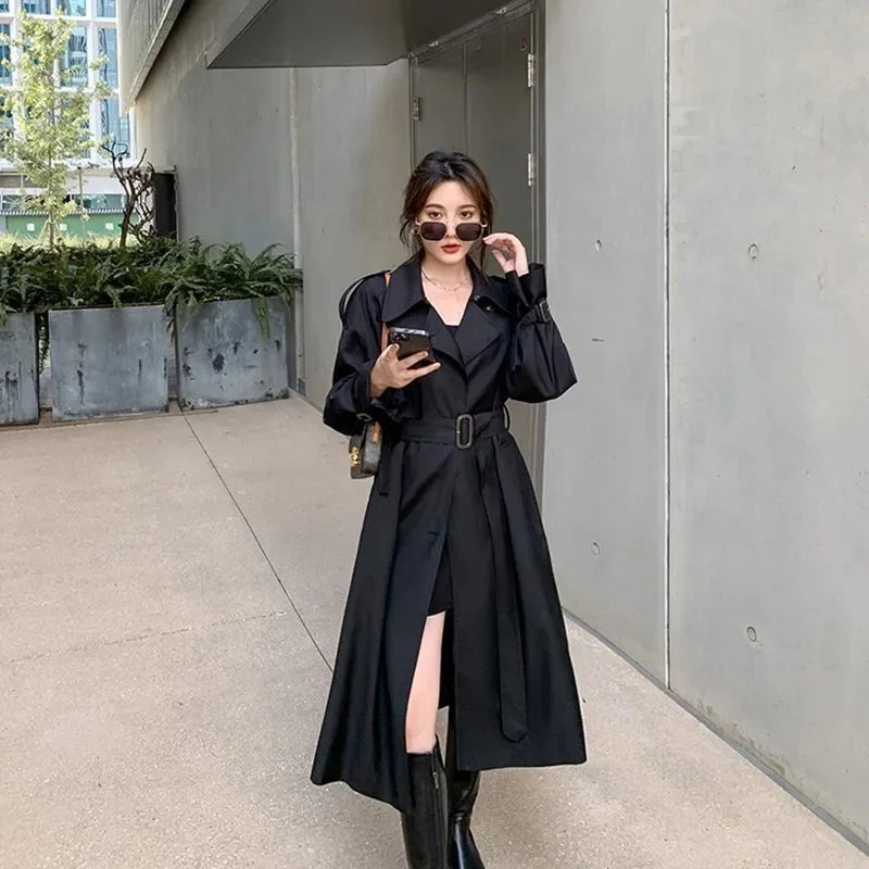 Belted Double-Breasted Long Trench Coat - Isabella Mae