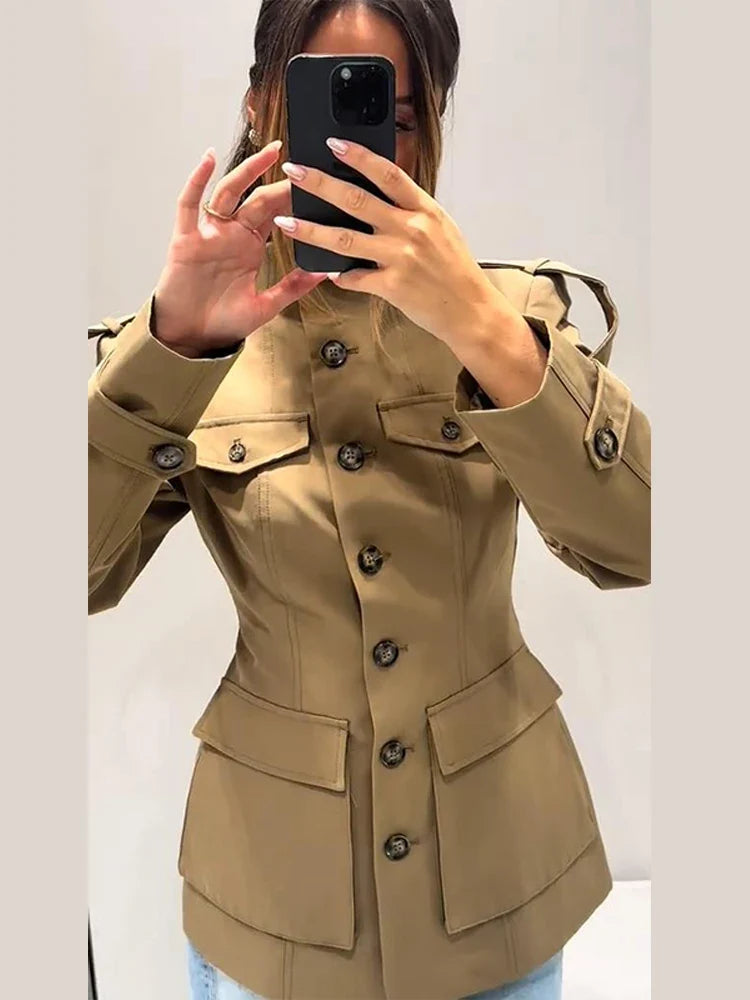 Khaki Stand Collar Utility Jacket - Isabella Mae