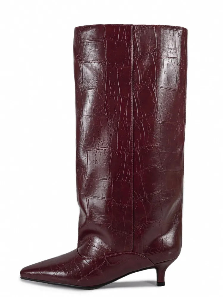 Women's Pointed Toe Kitten Heel Knee High Boots