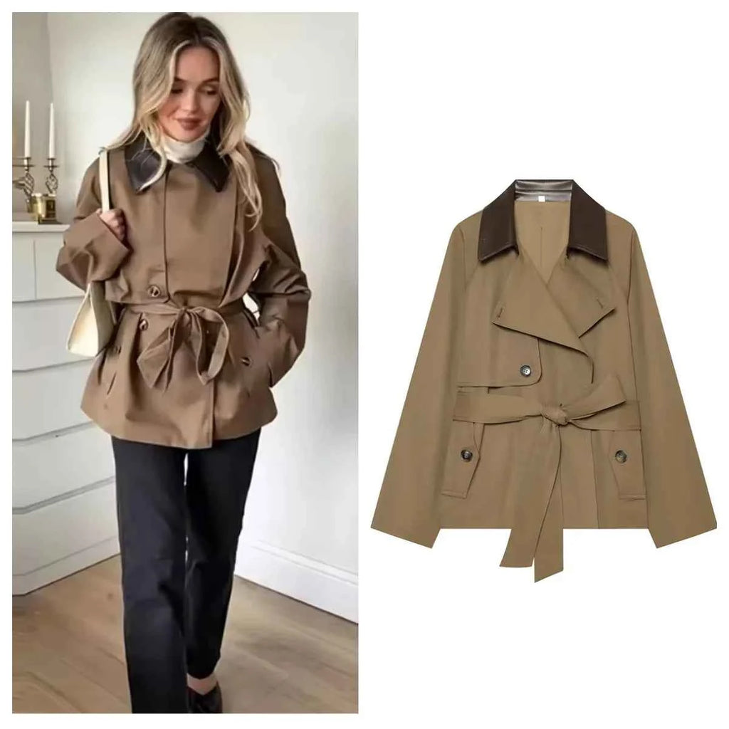 Belted Contrast Collar Trench Jacket