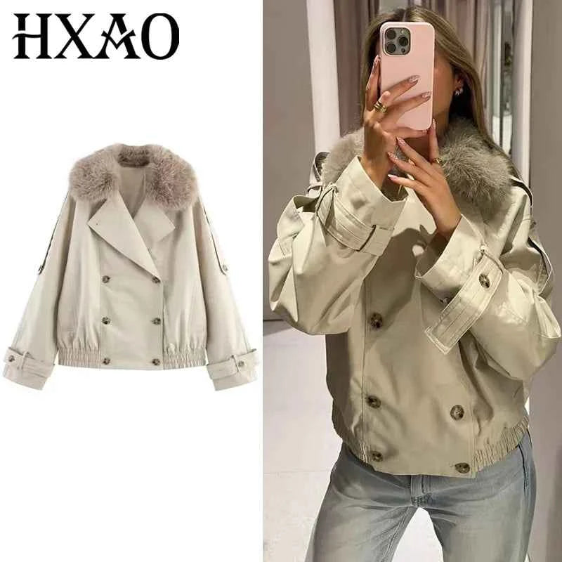 Fur-Trim Cropped Trench Jacket