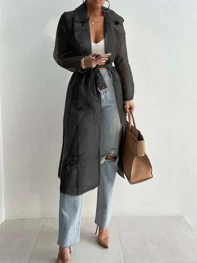 Sheer Belted Trench Coat - Isabella Mae