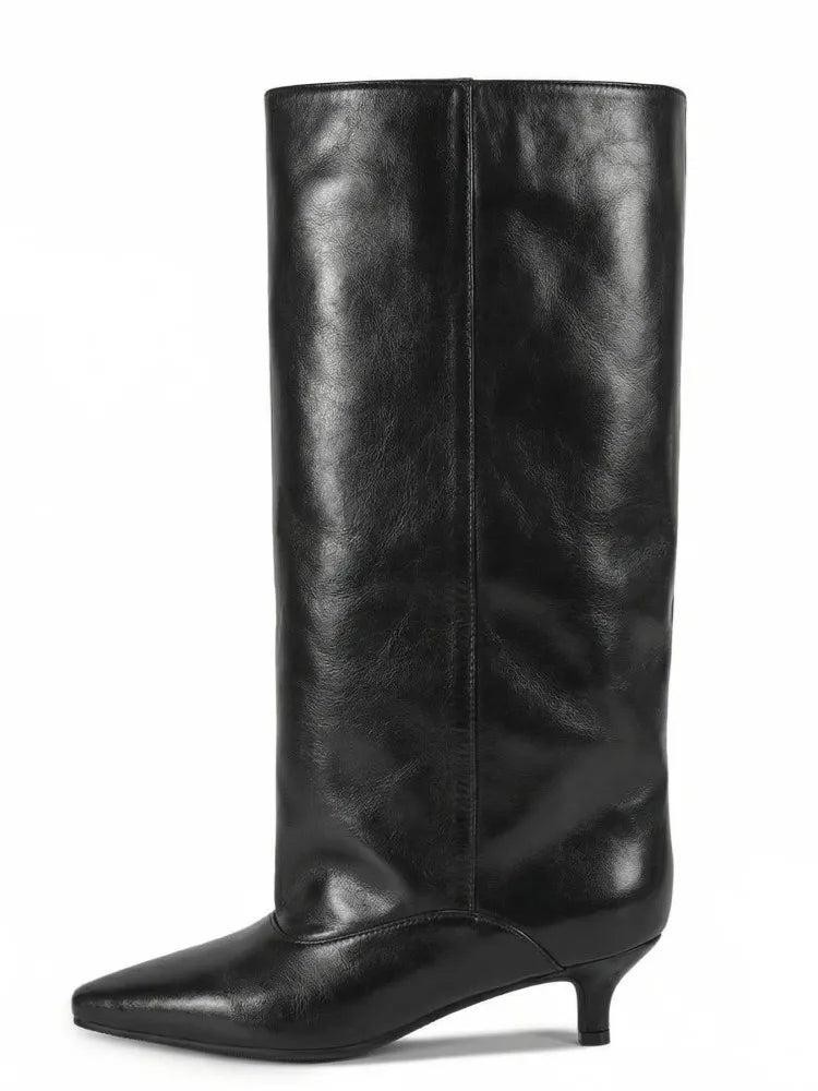 Women's Pointed Toe Kitten Heel Knee High Boots