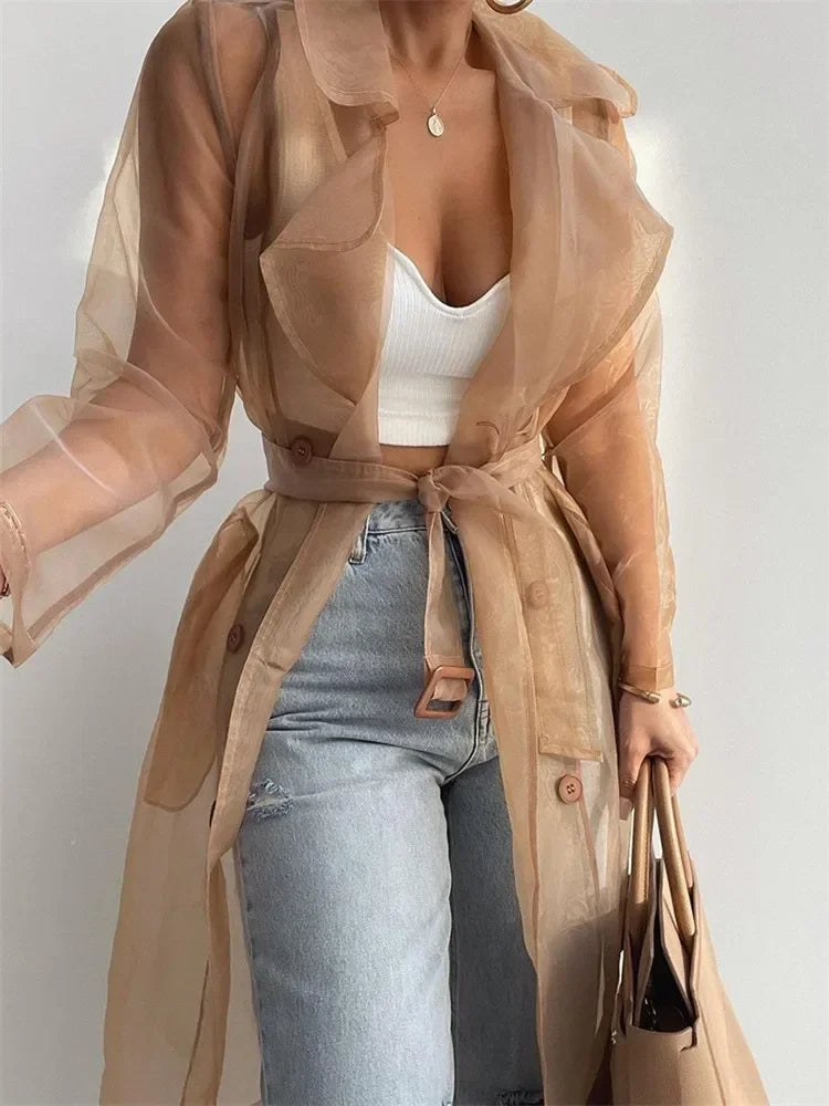 Sheer Belted Trench Coat - Isabella Mae