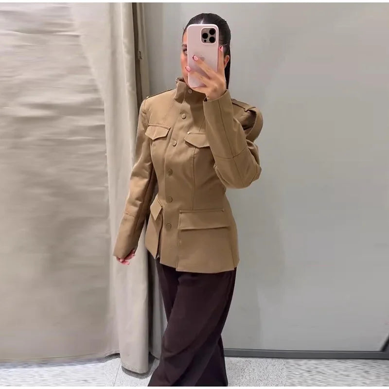 Khaki Stand Collar Utility Jacket - Isabella Mae