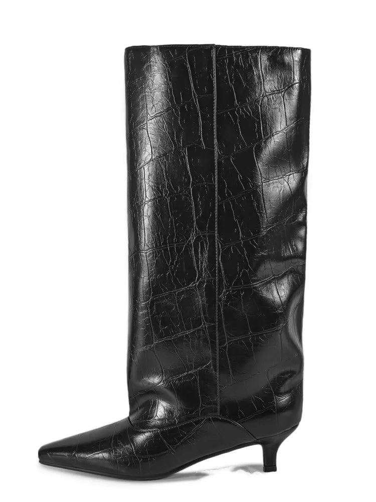 Women's Pointed Toe Kitten Heel Knee High Boots