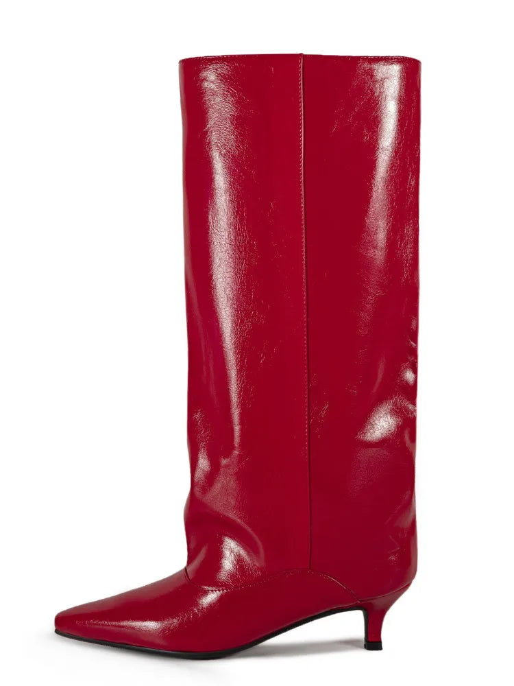 Women's Pointed Toe Kitten Heel Knee High Boots