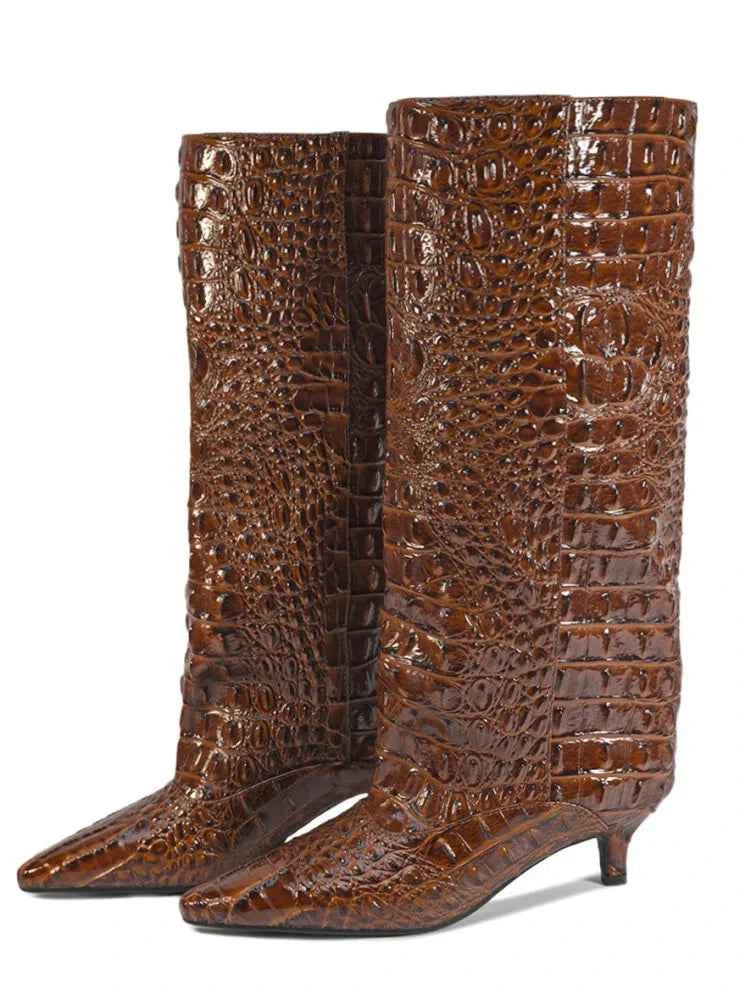 Women's Pointed Toe Kitten Heel Knee High Boots