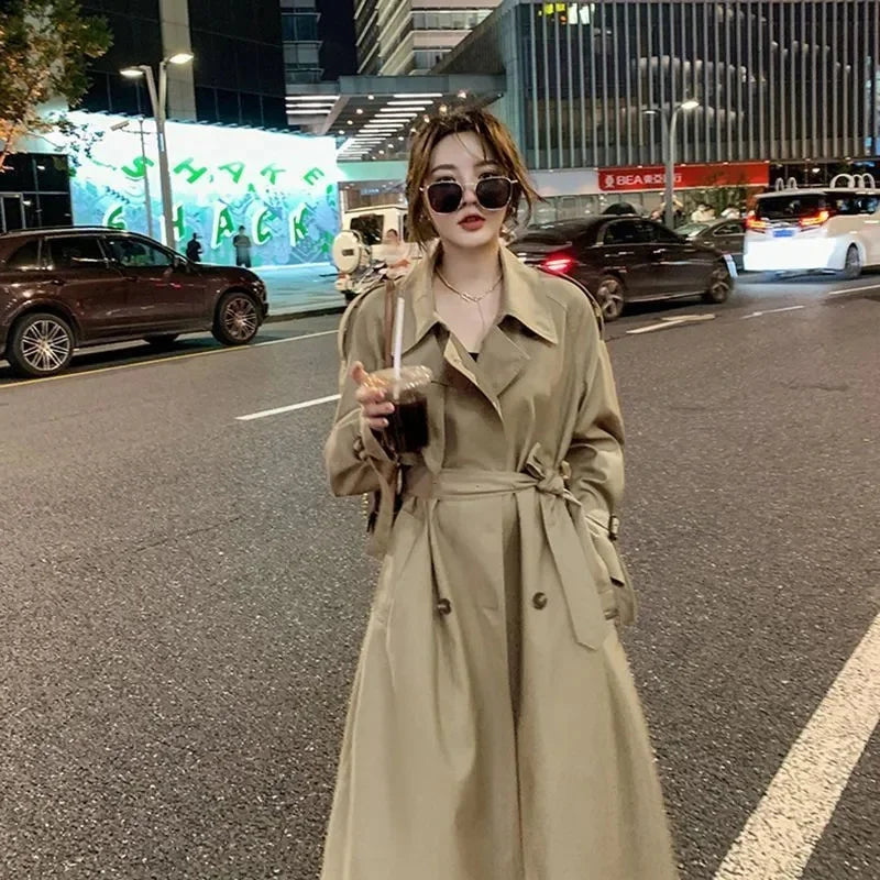 Belted Double-Breasted Long Trench Coat - Isabella Mae