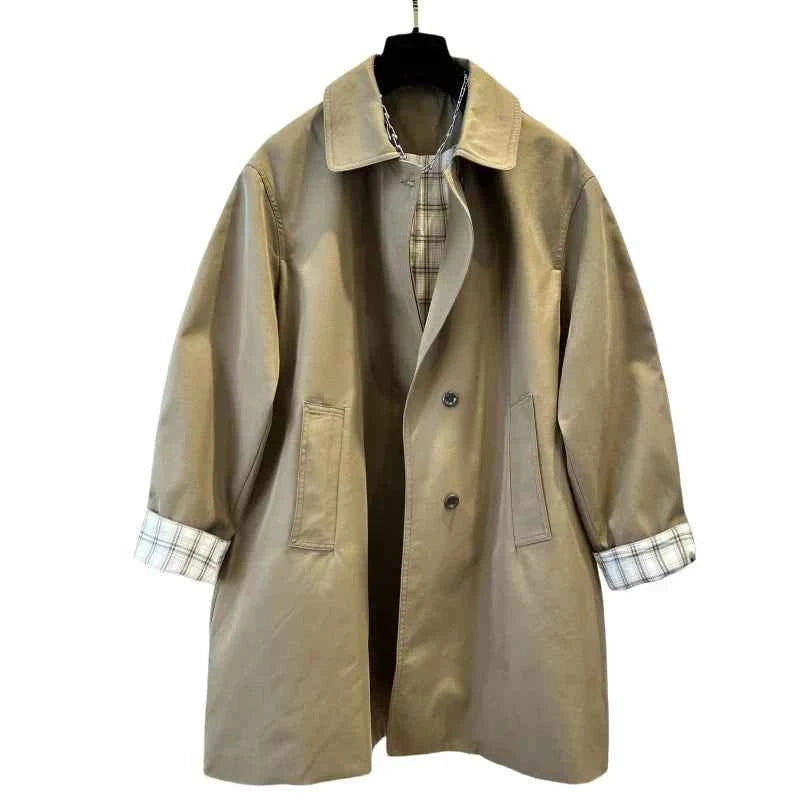 Khaki Plaid-Cuff Trench Coat