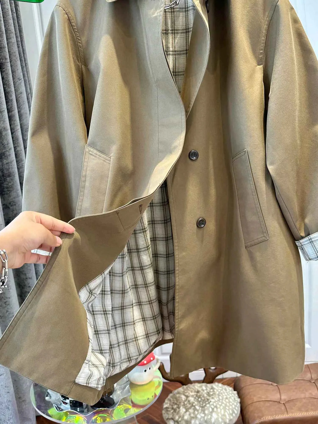 Khaki Plaid-Cuff Trench Coat