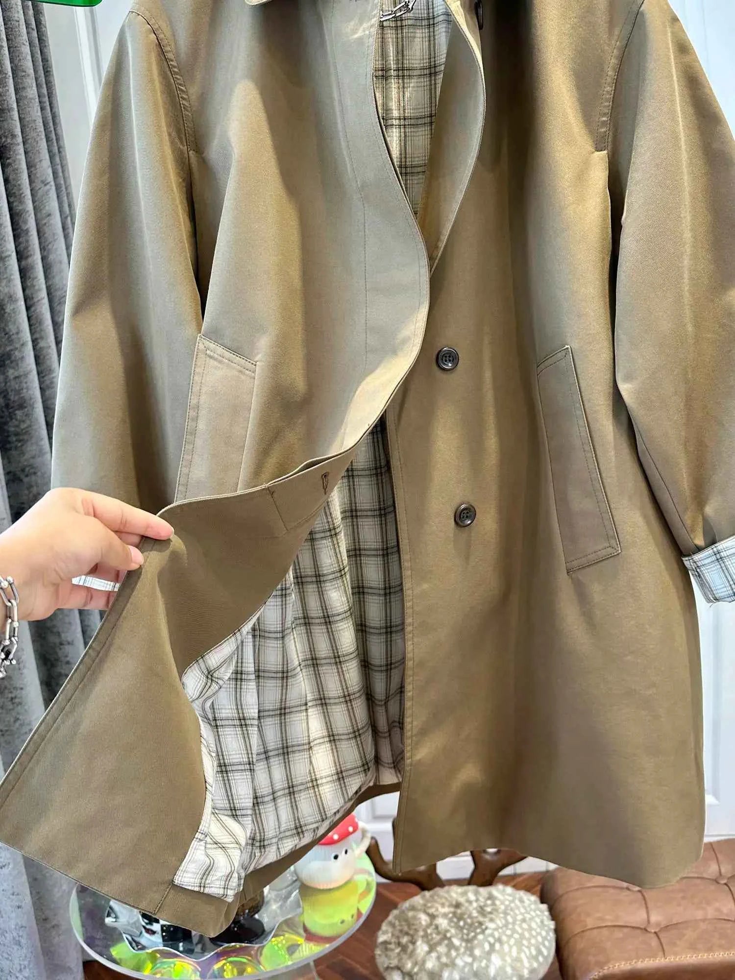 Khaki Plaid-Cuff Trench Coat