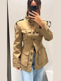 Khaki Stand Collar Utility Jacket - Isabella Mae