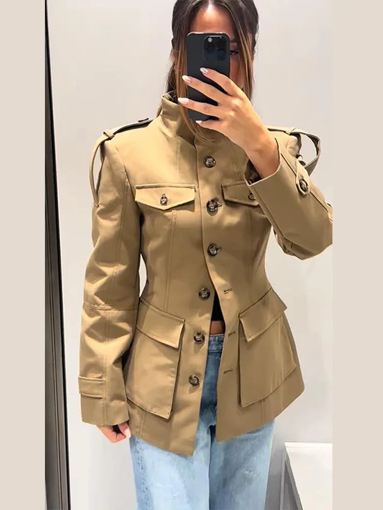 Khaki Stand Collar Utility Jacket - Isabella Mae