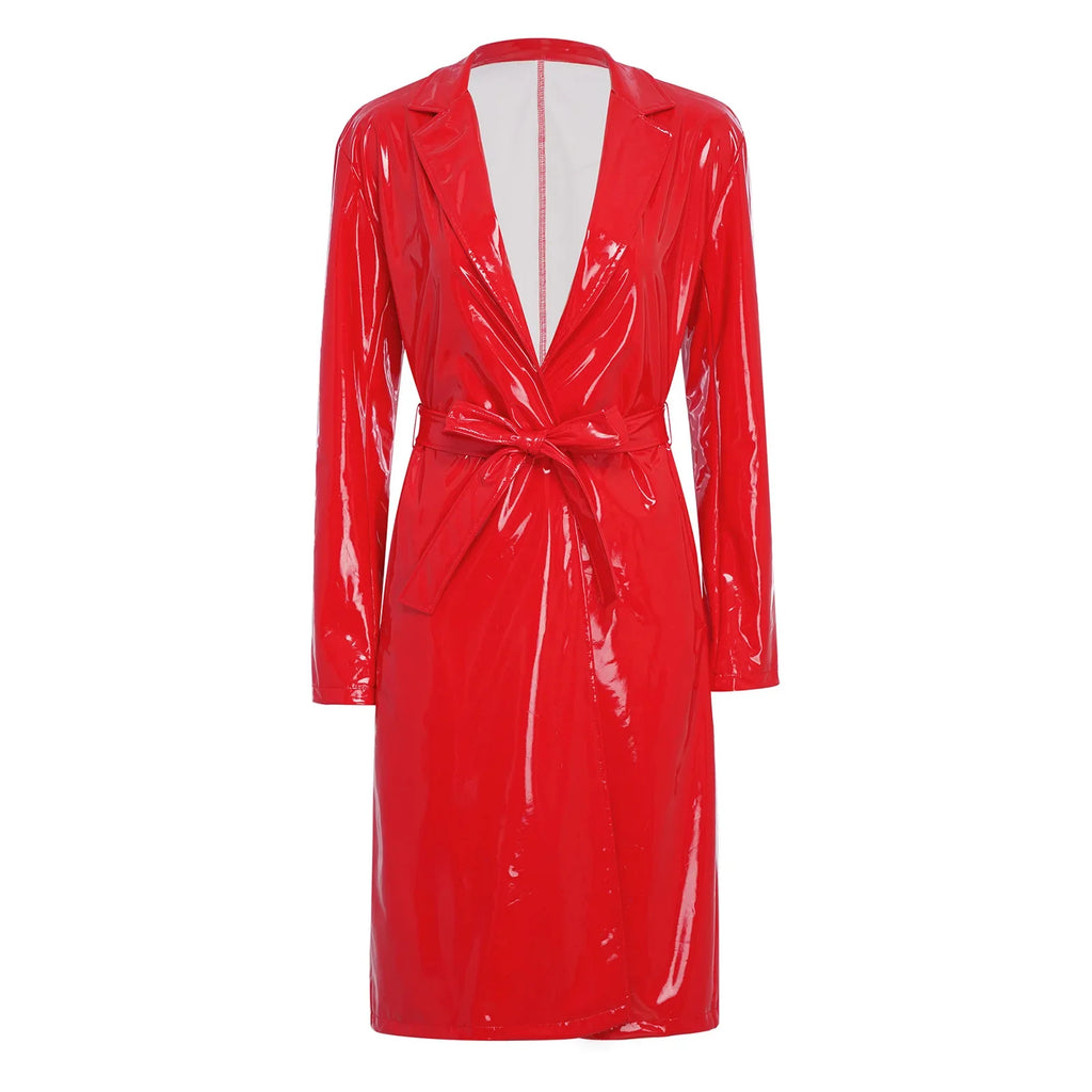 Wet-Look Belted Trench Coat - Isabella Mae