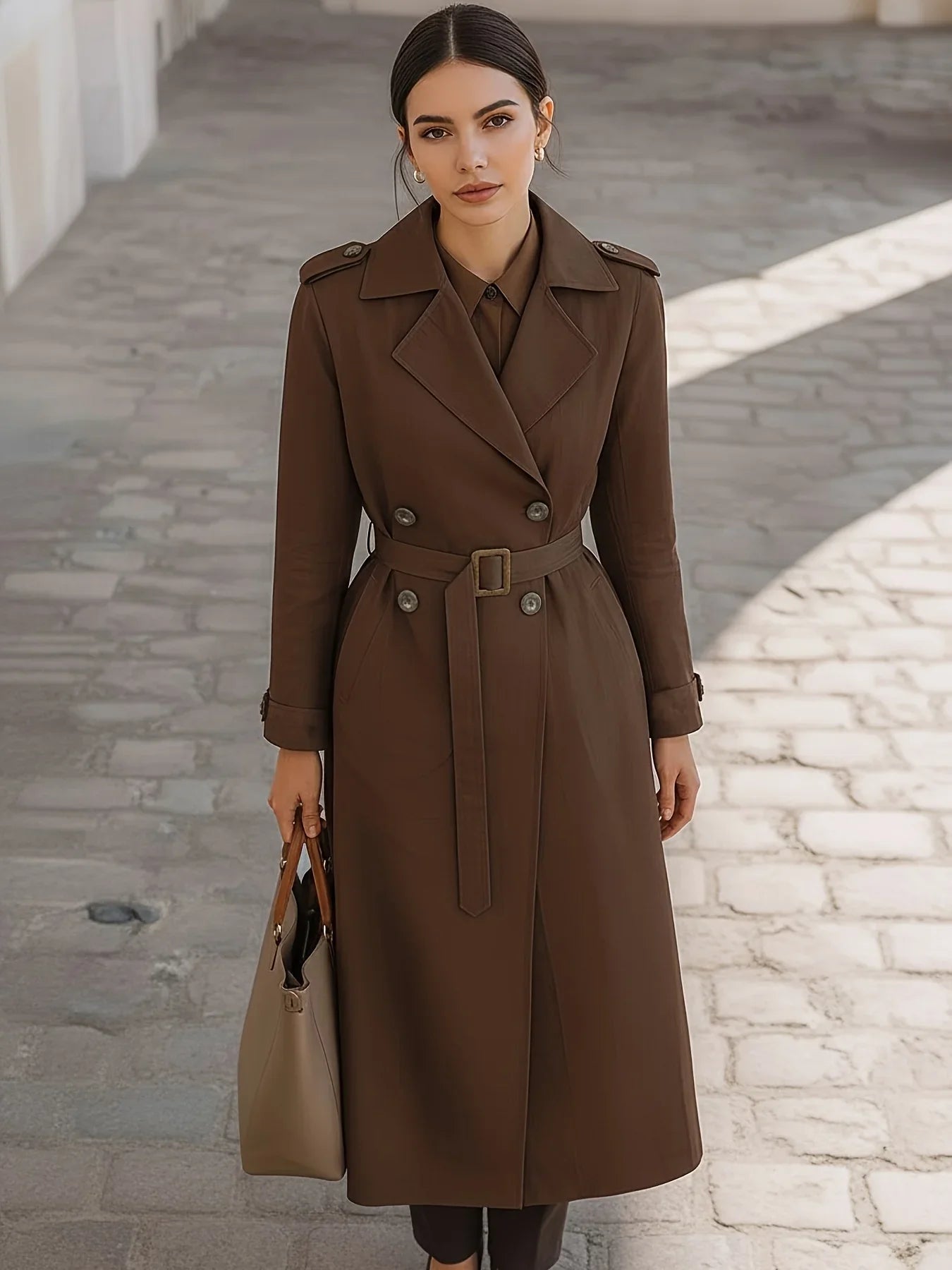 Brown Belted Double-Breasted Trench Coat - Isabella Mae