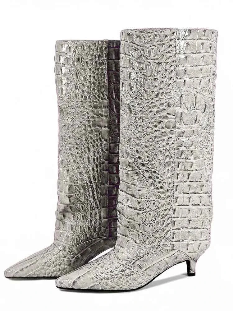 Women's Pointed Toe Kitten Heel Knee High Boots