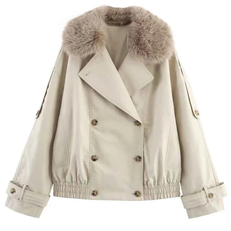 Fur-Trim Cropped Trench Jacket