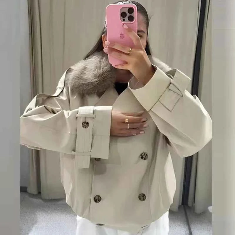 Fur-Trim Cropped Trench Jacket