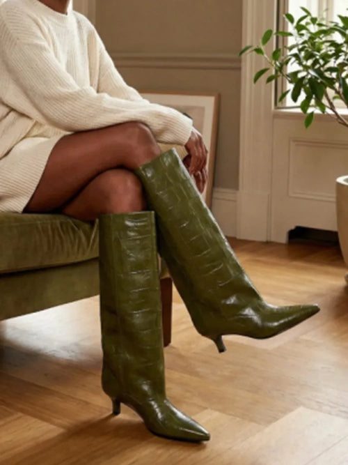 Women's Pointed Toe Kitten Heel Knee High Boots