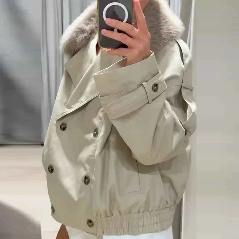Cropped Fur Collar Trench Jacket