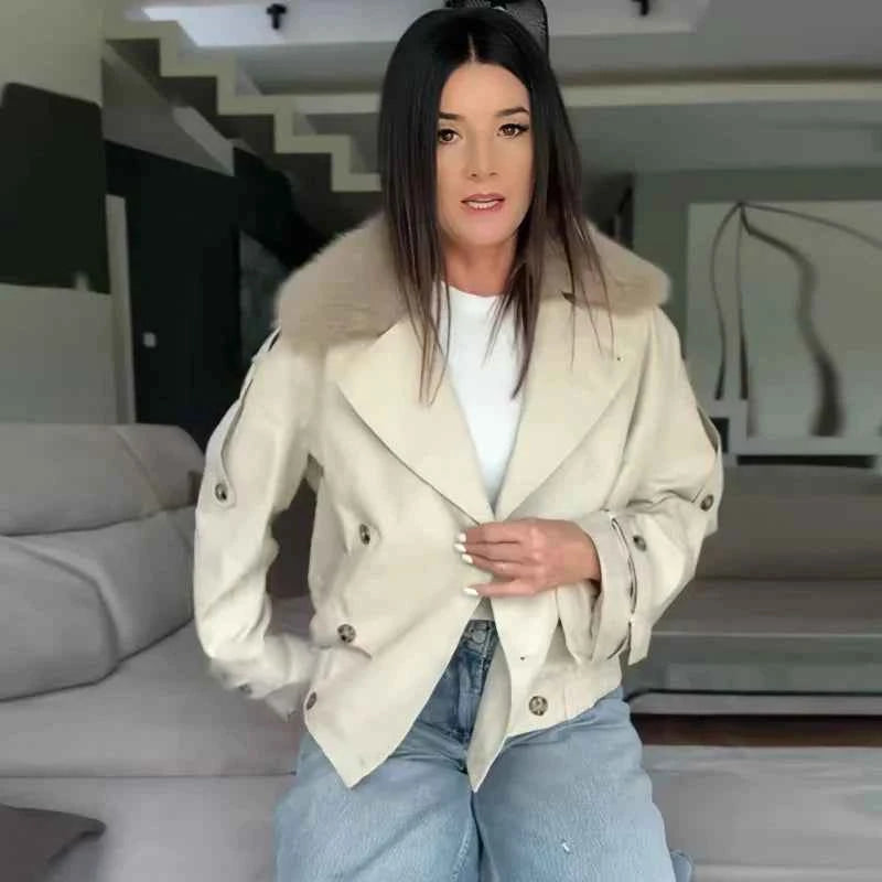Cropped Fur Collar Trench Jacket