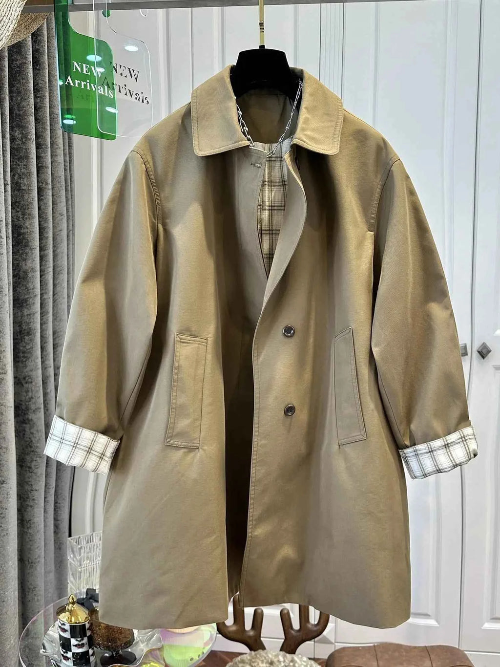 Khaki Plaid-Cuff Trench Coat