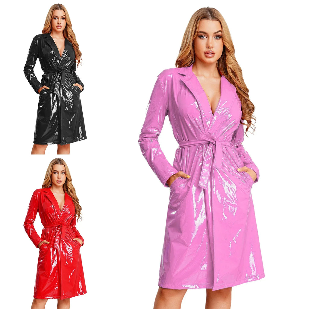 Wet-Look Belted Trench Coat - Isabella Mae